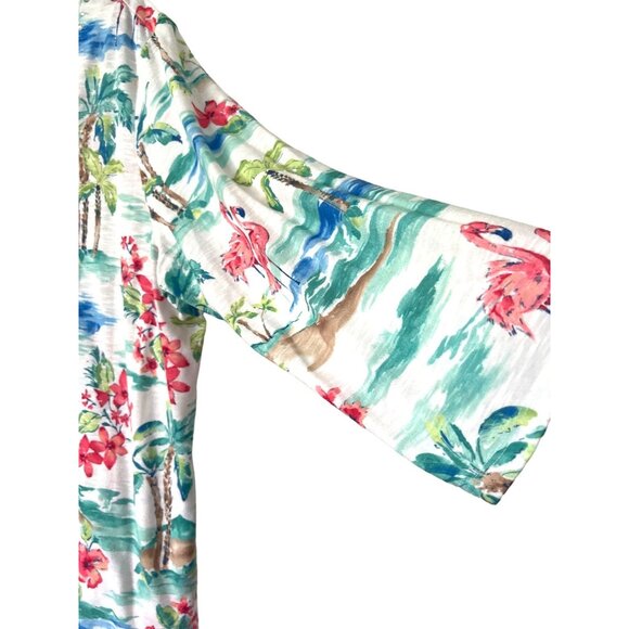 Alfred Dunner Woman 1X Floral & Flamingo Print 3/4 Sleeve Top Beaded Trim Blouse - Picture 2 of 5